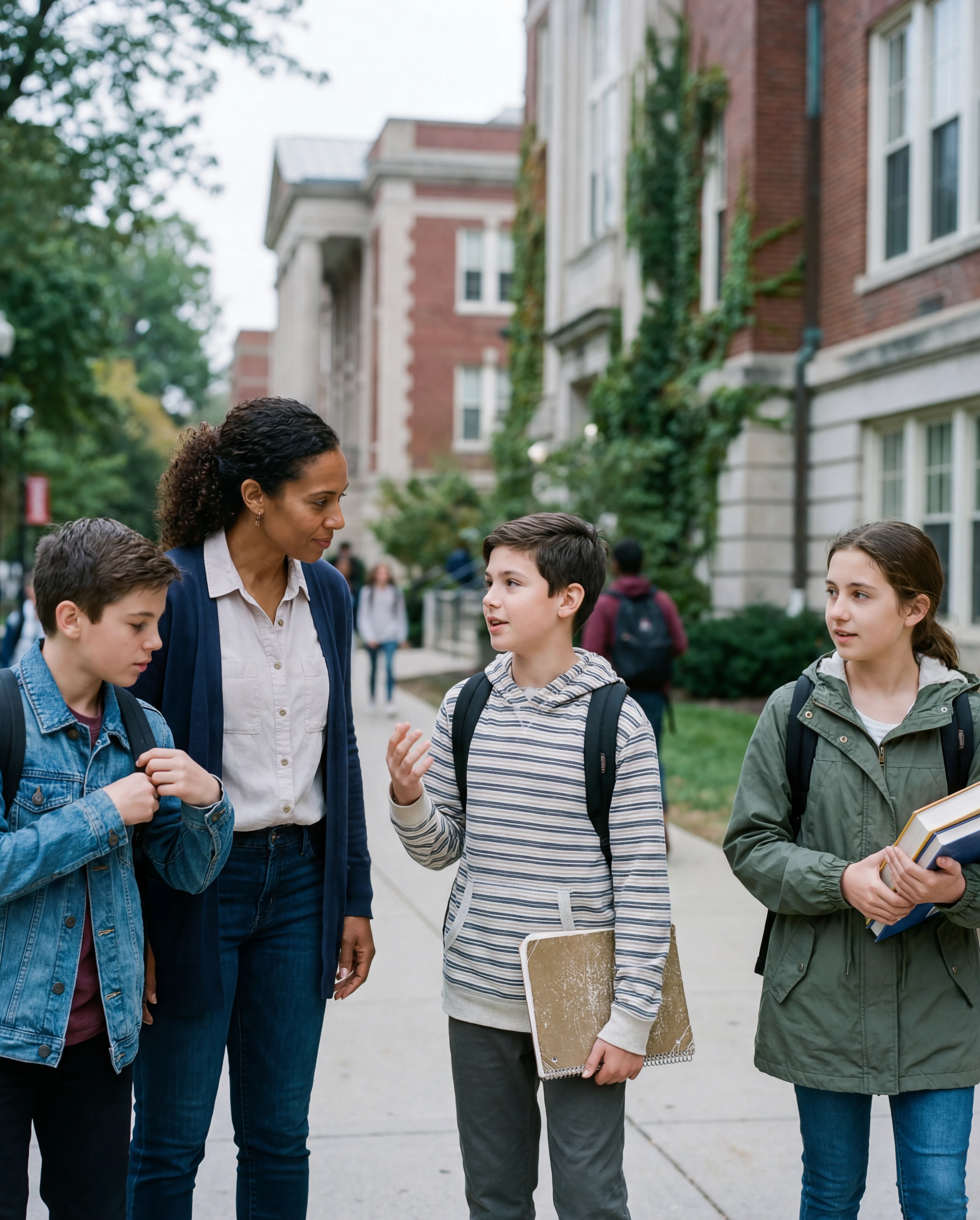 A teacher walking with students on a school campus walkway